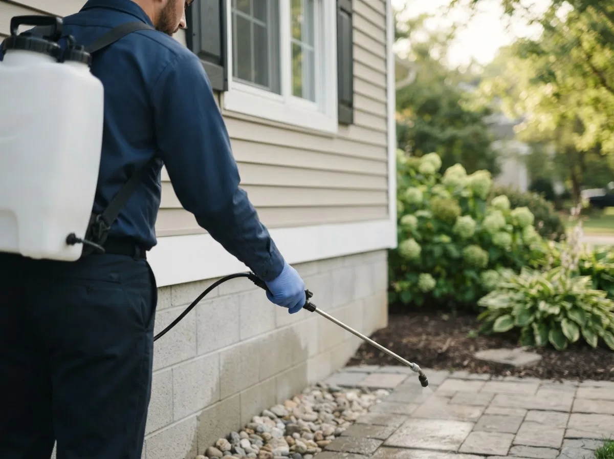 Pest control technician inspecting a home in Crumrod, AR
